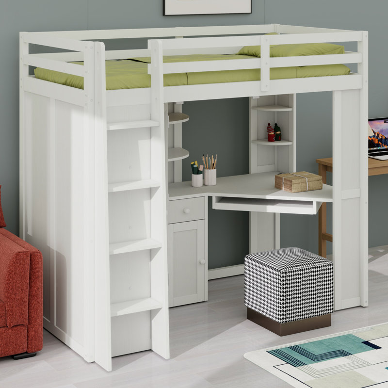 Lit mezzanine avec grande armoire intégrée, bureau, Blanc