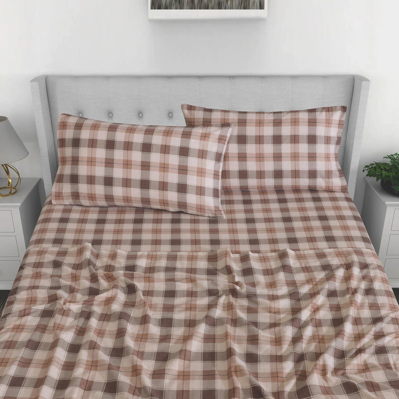 Ensemble de draps 100% flanelle 4 pièces, Ensemble de draps pour lit simple avec quatre piè, Beige et gris / écossais
