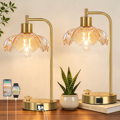 16" Champagne Glass Table Lamps Set of 2 with USB A+C Charging Ports, Dimmable Bedside Nightstand Lamps with Flower Shade for Bedroom Living Room, LED Bulbs Included