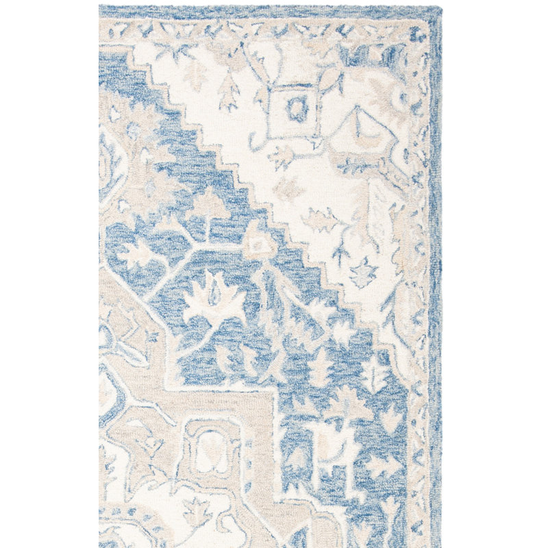 Cyrilmagnin Hand Tufted Wool Cotton Oriental Rug in Ivory/Blue, Square 5'