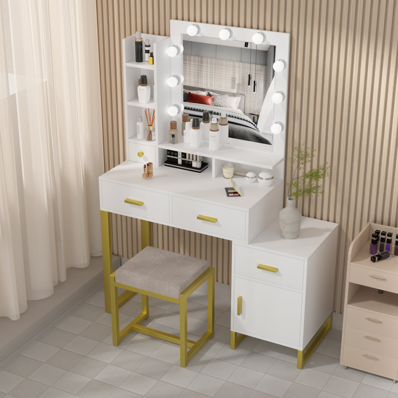 Ensemble de coiffeuse avec miroir lumineux, Blanc