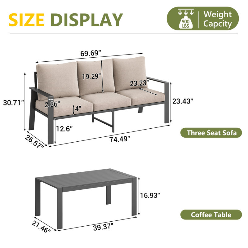 Canapé d'extérieur en aluminium pour 3 personnes avec table basse en aluminium, Beige