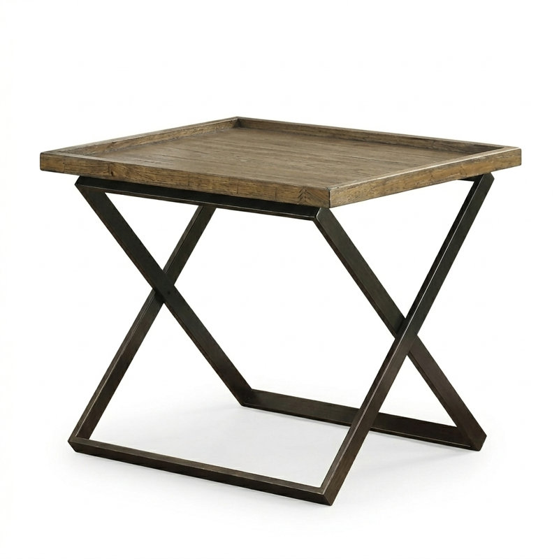 Mera 24 In. Medium Weathered Oak Square Solid Wood End Table With X-Shape Base And Removable Tray Top