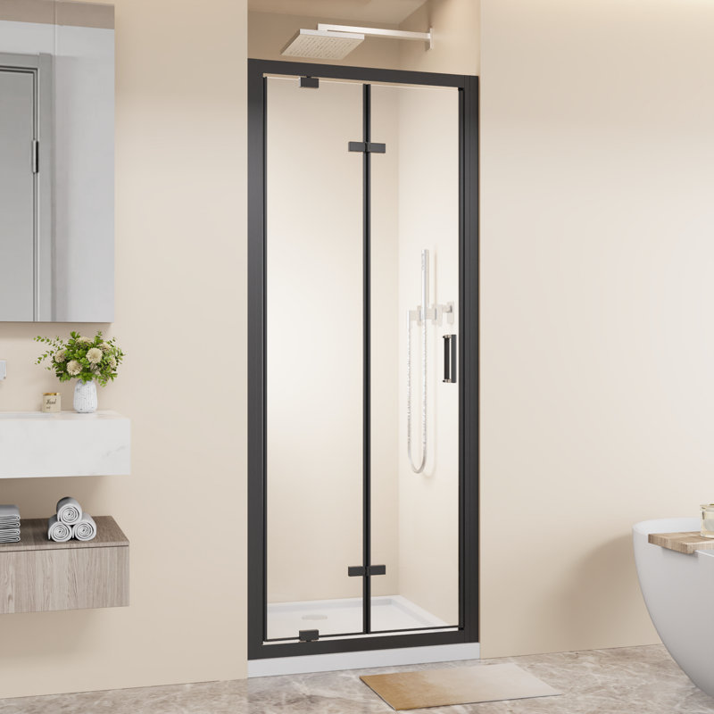 Porte de douche à cadre pivotant pliable à deux battants 30 po x 72 po, cabine de douche pliante compacte en verre trempé transparent de 1/4 po avec poignée en acier inoxydable, installation réversible, noir