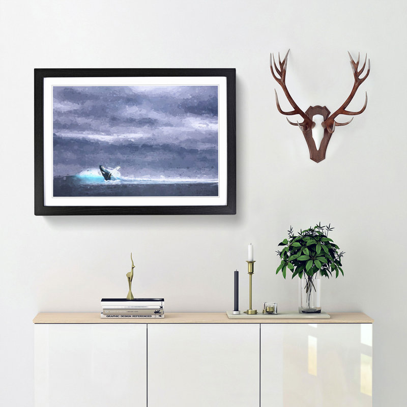 Blue Whale with Ocean Scene in Abstract - Picture Frame Painting Print, Black Framed, 27cm H x 36cm W x 2cm D