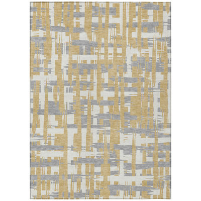10' X 14' Gold Ivory And Gray Striped Washable Indoor Outdoor Area Rug