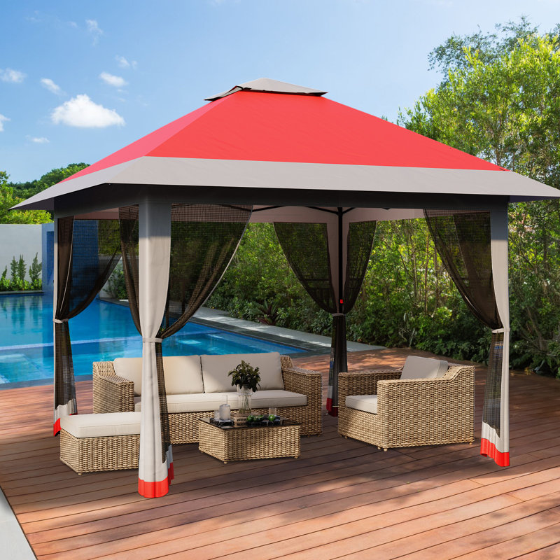 13x13 Pop-Up Gazebo with Double Roof and Mosquito Netting – Waterproof UV-Resistant Patio Canopy Tent, Red