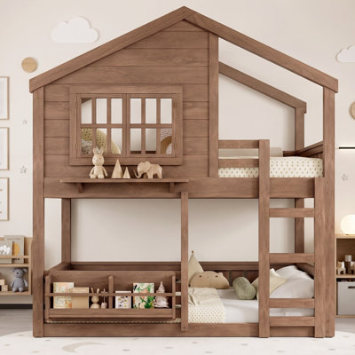 Lit superposé double au-dessus d'un lit double avec fenêtres et bibliothèque, cadre de lit superposé sur le toit en bois avec clôture de sécurité et échelle, convient aux enfants, adolescents, garçons, filles, naturel