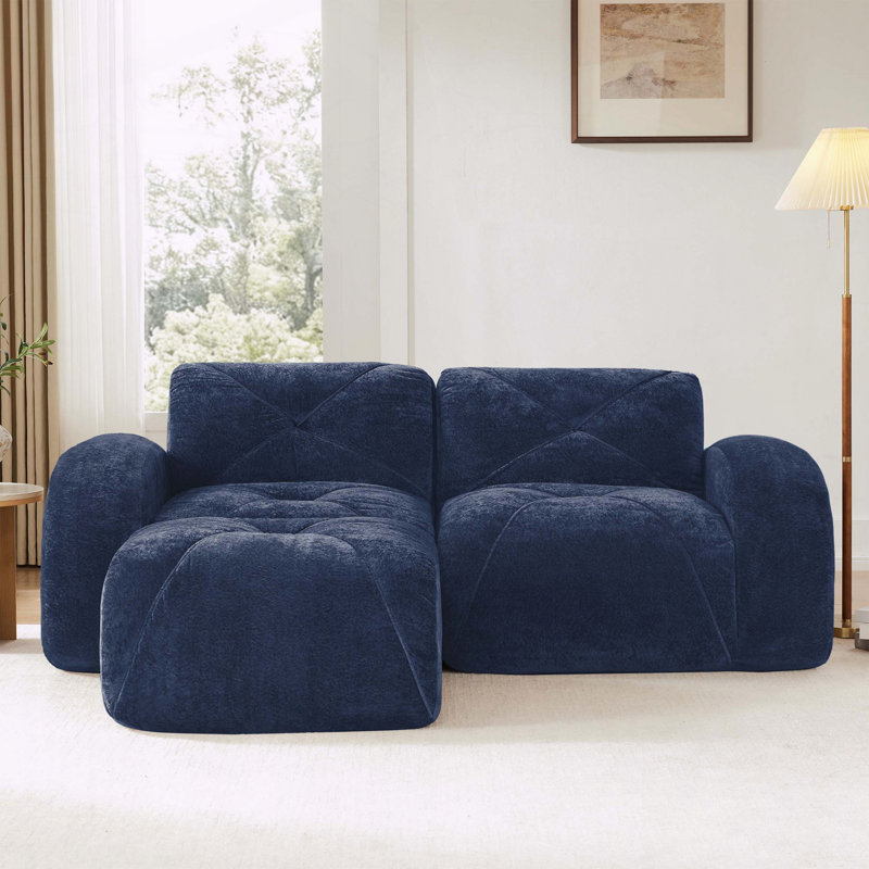 Canapé en L sans os avec tissu en velours doux, éponge haute densité 32D et repose-pieds mobile - sans assemblage, Blue