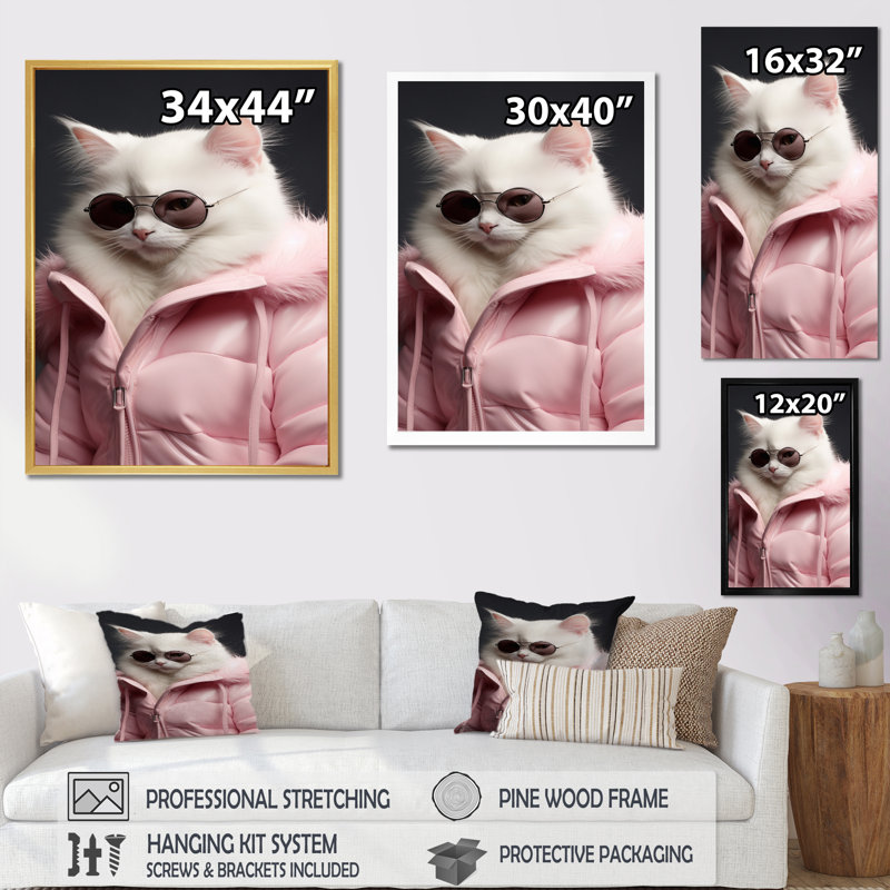 Chat blanc en fourrure rose Felline Attitude I sur toile, H 32 po x l 16 po x P 1 po, Cadre flottant noir