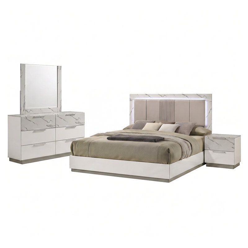 Woodbridge Bedroom Set White, King, 4 Pcs: Bed, Nightstand, Dresser, Mirror