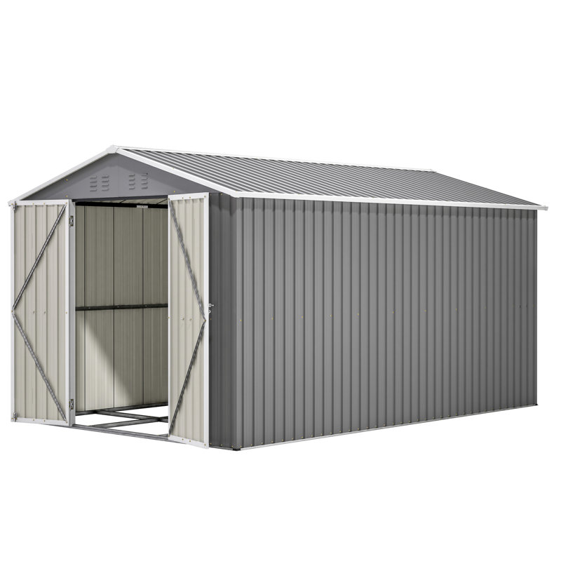 8 pi x 12 pi, verrouillable, métal, rangement extérieur, gris, cadre en aluminium, grand espace, équipement de jardin, portes doubles, entrée simple et sécuritaire, vélos, outils, entrée à deux portes, toit incliné, eau