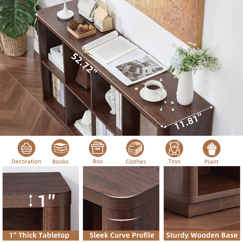 8 Cube Storage Book Shelf, 52" Long Horizontal Bookshelf with Curved Edge, Floor Standing Wooden Cubby Bookcase with Base, Modern Low Console Book Case, TV Stand for Living Room