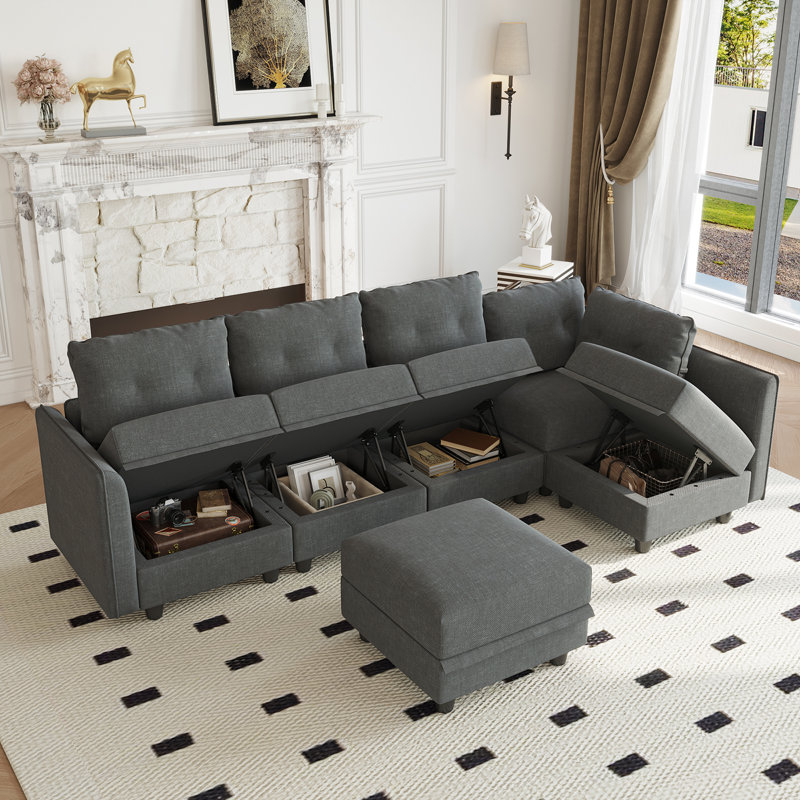 Canapé modulaire réversible avec repose-pieds Bresee, Velours gris velours, H 34 po x l 112 po x P 56 po