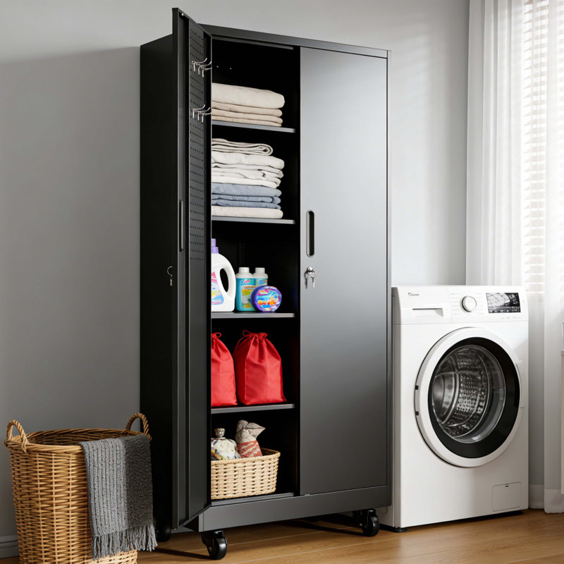 Armoire de rangement en métal robuste avec portes et roulettes