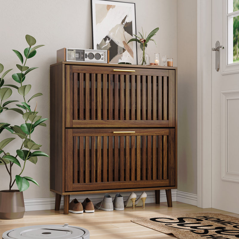 31.5-Inch Walnut Modern Shoe Storage Cabinet With 2 Flip Drawers, Medieval Independent Fence Design