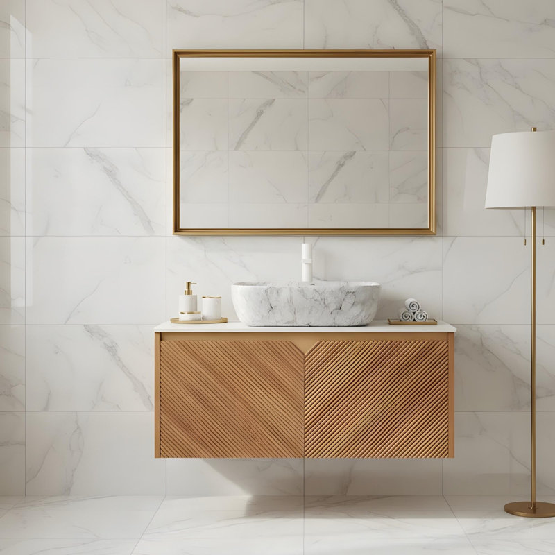 Meuble-lavabo à deux portes 36 po en sergé avec comptoir en céramique à motif marbre et comptoir en pierre frittée blanc de Carrare