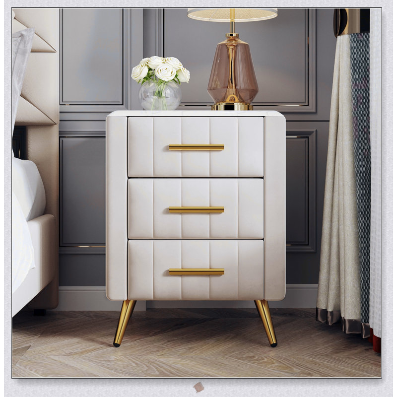 Upholstered Wooden Nightstand with 3 Drawers and Metal Legs, Elegant Bedside Table for Modern Bedrooms, Beige