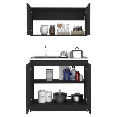 Une armoire à panneau de particules noir à deux tablettes, H 8 po x l 39,3 po x P 20,4 po et P 19,2 po 12,6 po, armoire de rangement fonctionnelle, armoire à deux tablettes, ajoute de la valeur à la pièce