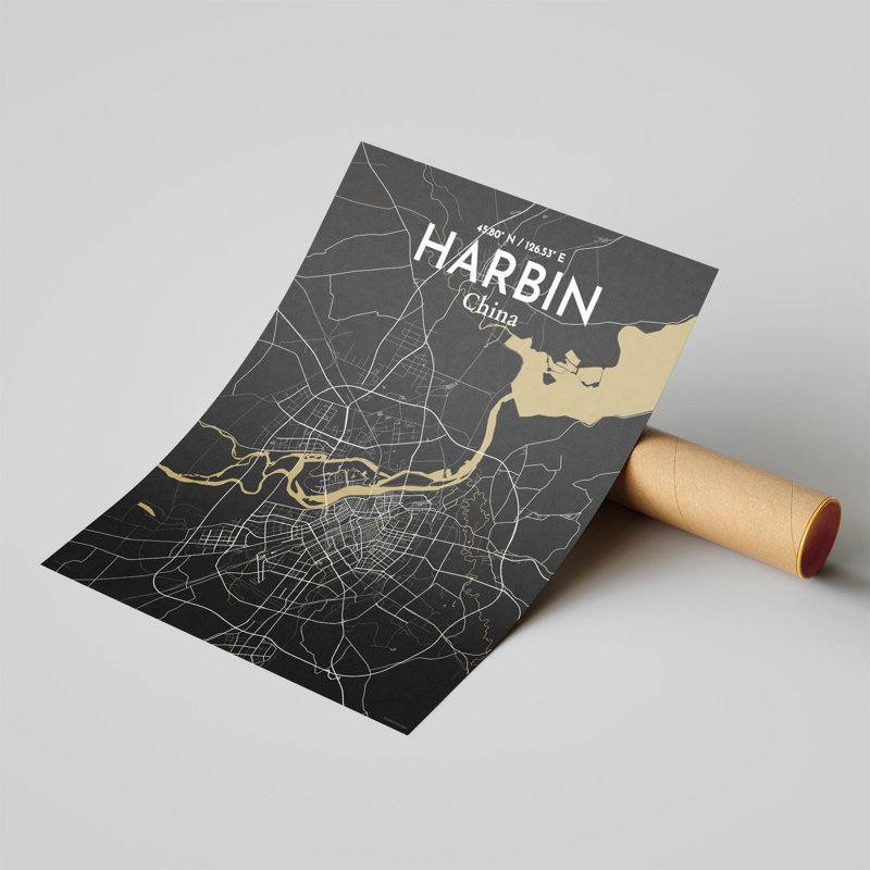 «Harbin City Map», impression, Noir / or, H 20 po x l 16 po