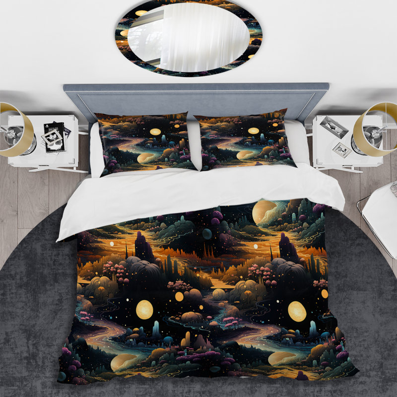 Ensemble de housse de couette Landscape In Space Pattern, Housse de couette simple + 1 taie décorative stan