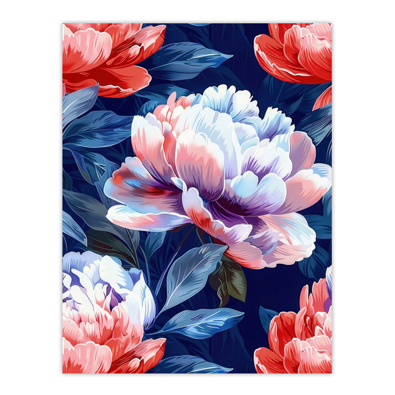 Wall Art Print Peony Flowers Blue Floral Pattern Poster