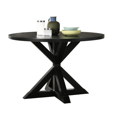 Table noire avec base croisée attrayante et 48 po x 31,5 po, 1,5 po d'épaisseur de placages de table en chêne et bois massif au design élégant