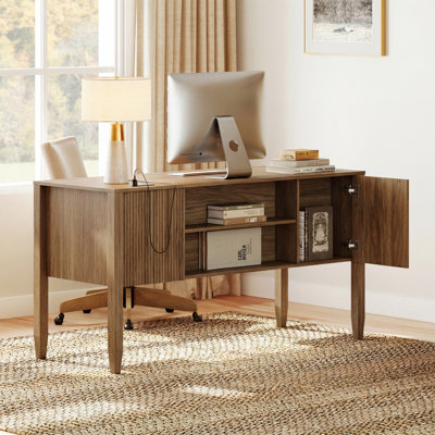 Ensemble de bureau à domicile, bureau de direction moderne de 58 po avec station de charge et bibliothèques cannelées à 3 niveaux de hauteur de 71,8 po avec 3 tiroirs pour le salon, la chambre à coucher et le bureau à domicile