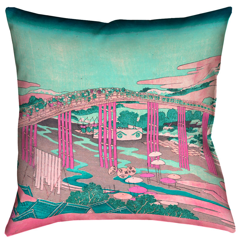 Coussin Katsushika Hokusai, 26 po x 26 po, Rose / sarcelle
