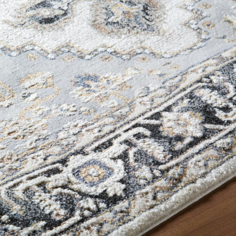 Rectangle Clotilde Oriental Machine Woven Polyester Area Rug in White/Gray/Black, Rectangle 5'3" x 7'
