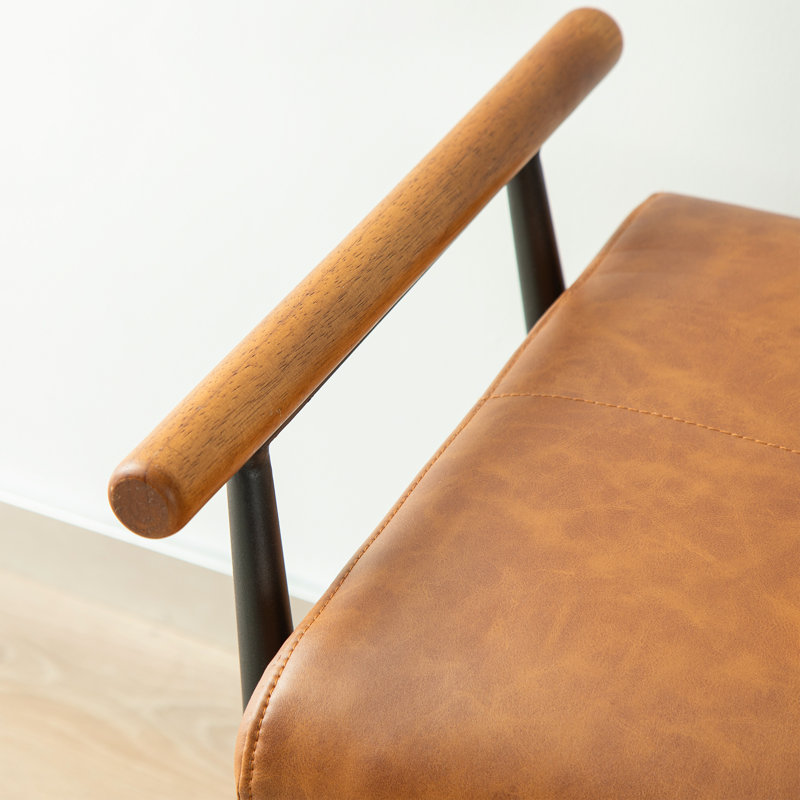 Modern Brown Upholstered Bench With Wooden Arms And Metal Legs