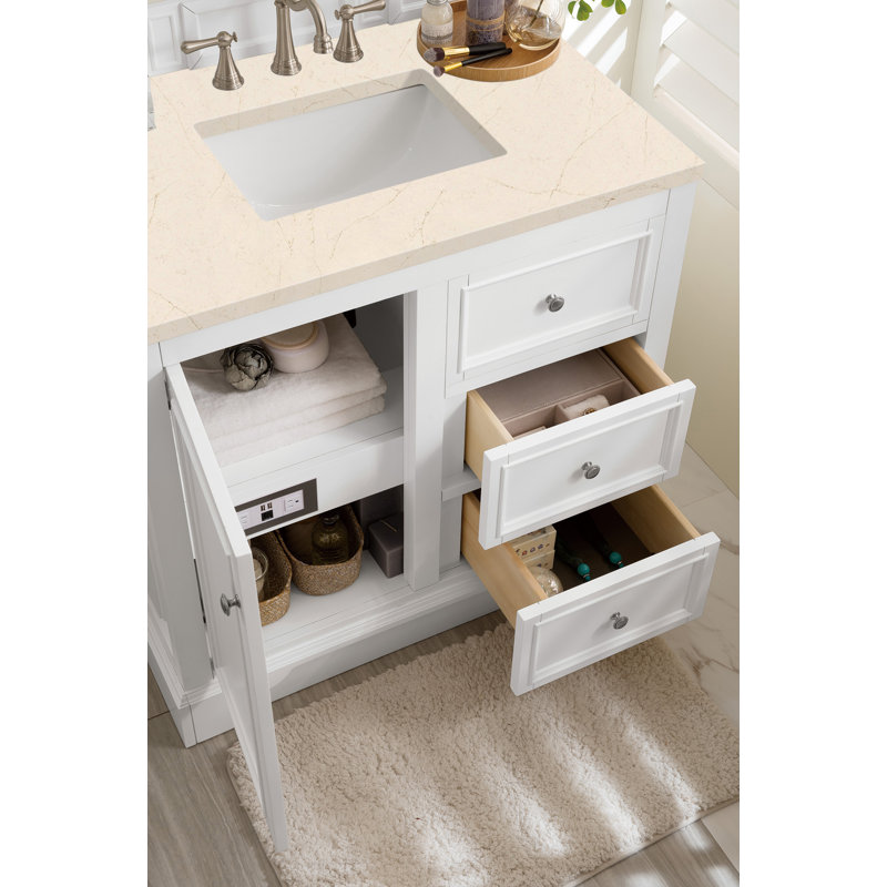 Kewstoke 36'' W Single Vanity, Bright White, Carrara White Marble, 8" Widespread