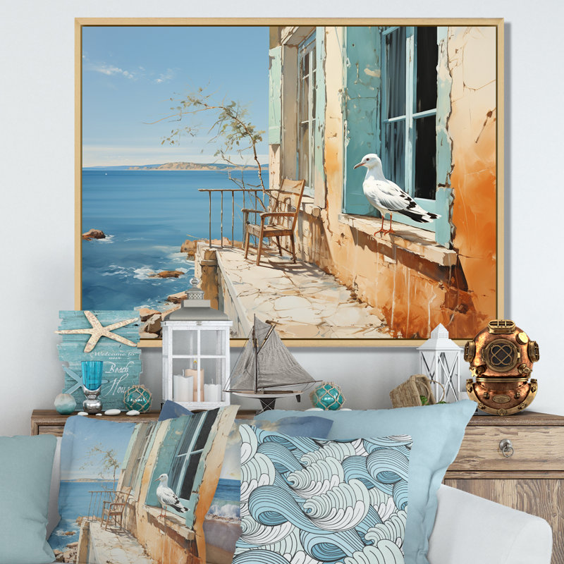 «Seagulls Perch Horizon III - Coastal Windows», art mural, Cadre flottant noir, H 16 po x l 32 po x P 1 po