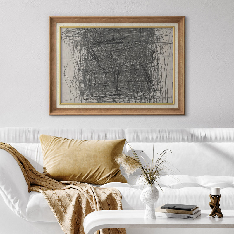 Peinture abstraite monochrome ligne grise, H 26 po x l 36 po x P 1,5 po, Cadre naturel de qualité supérieure