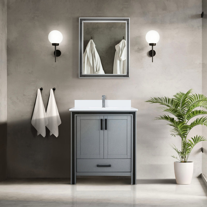 Meuble-lavabo gris foncé de 76 cm de largeur, miroir de 56 cm de profondeur et de 71 cm de hauteur, avec rangement intégré.