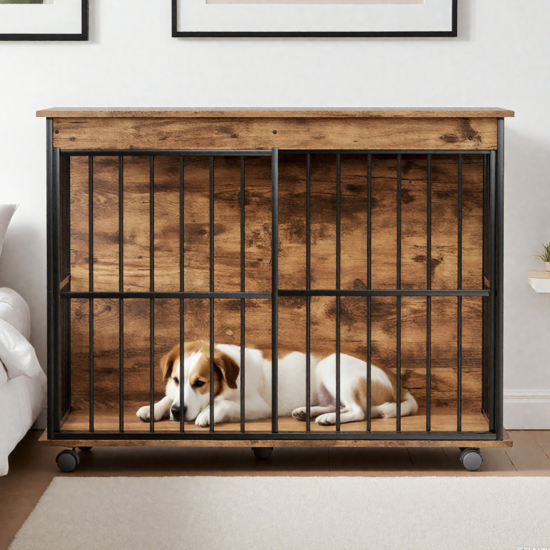 Grand mobilier pour cage de chien avec plateaux et roues, Grand (H 35,58 po x l 35,43 po x P 23,22 po), Noir/naturel