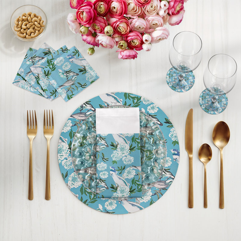 Peony Inspira Breakers Vegan Leather Round Coasters, Azur