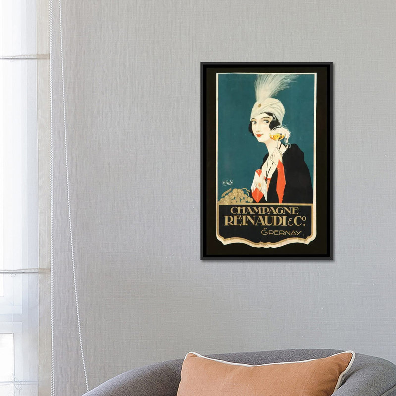 «Champagne Renaudi & Co.» Impression sur toile, H 26 po x l 18 po x P 1,5 po, Toile avec cadre noir, Pas de tapis