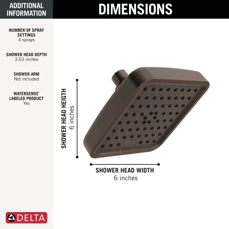 Pomme de douche carrée 6 pouces Delta à 4 réglages bronze huilé, 1,75 gal / min, Venetian Bronze