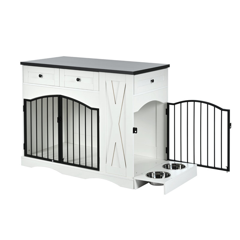 Meuble pour chien de 43,3 po, cage de ferme robuste avec 3 tiroirs, chenil d'intérieur en bois avec mangeoire amovible, table de bout pour cage de chien, blanc