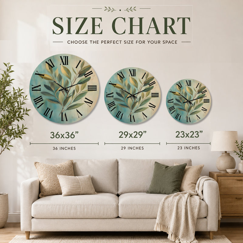 Horloge murale en bois massif « Feuilles ensoleillées sur fond bleu II » - Style cottage, Large