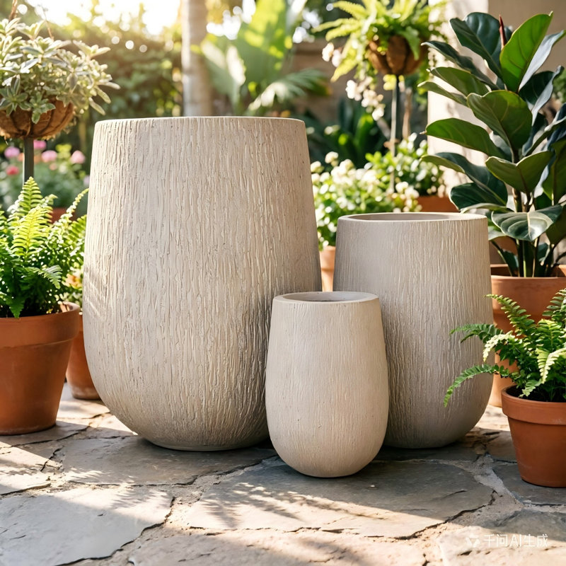 Ensemble de 3 pots à fleurs légers avec drainage pour patio, Beige