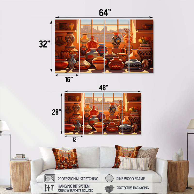 Ensemble de 4 vases mexicains en terre cuite et fenêtre au coucher du soleil, H 28 po x l 48 po
