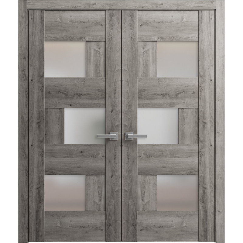 Portes françaises doubles solides | Sete 6933 avec verre givré | Garnitures en bois massif, 60 po x 96 po, Gris Nebraska