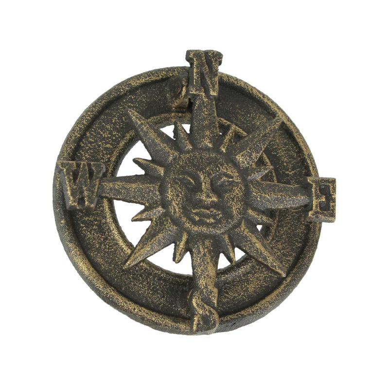 Rustic nautical bronze finish cast iron compass rose door knocker with sun face — 4.5 in. long x 1 in. wide x 4.5 in. high