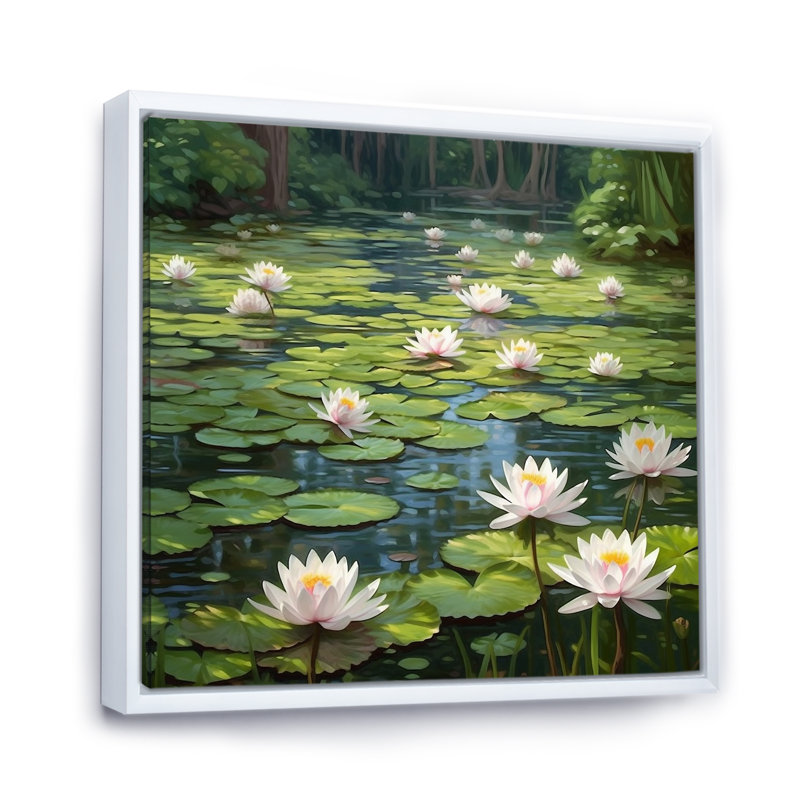 Magical Lotus Lily Pad Pond - Impression sur toile encadrée Lotus, H 24 po x l 24 po x P 1 po, Cadre flottant blanc