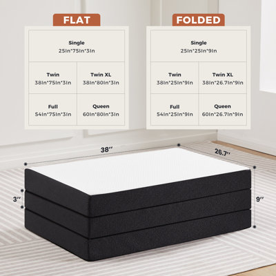 Alwyn Home Portable Tri Folding Medium Gel Memory Foam Mattress