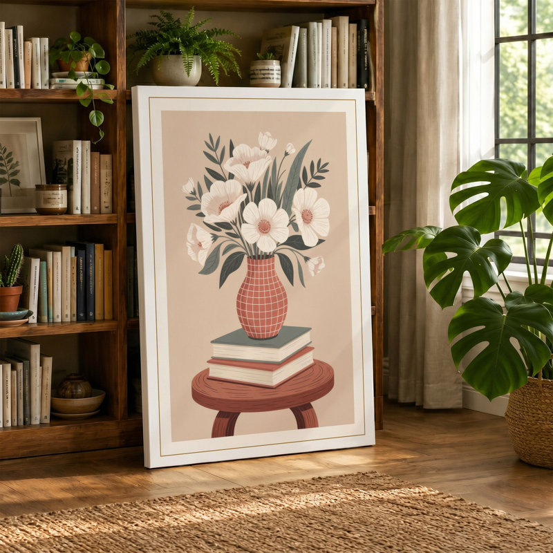 Flowers on a Stool Botanical 1 Piece Wrapped Canvas Wall Art, 36x24 - 91.4 x 61.0 cm, Sage Border