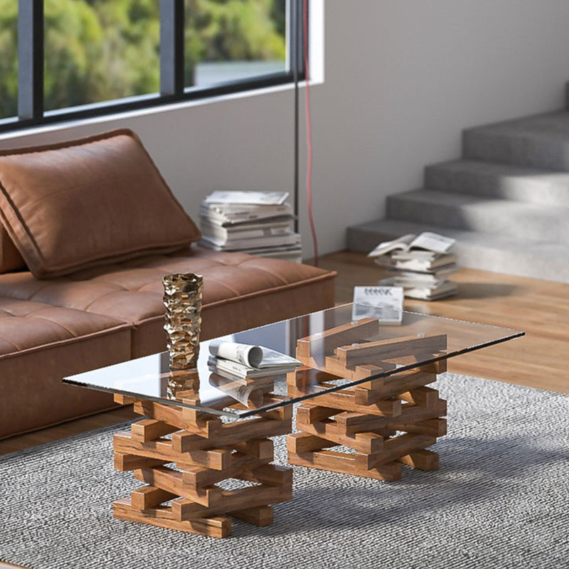 Simple modern solid wood glass coffee table, 15.7" H x 51.2" L x 25.6" W