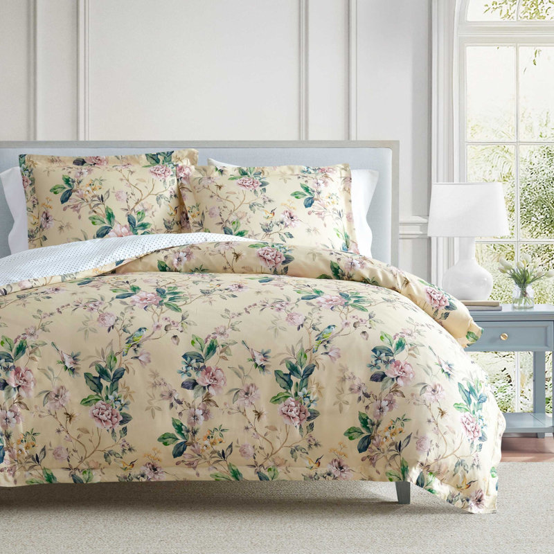 Ensemble de housse de couette réversible en coton Martha Stewart Songbird, Housse de couette pour très grand lit et 2 taies 